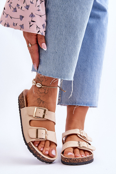 Damskie Klapki Na Korkowej Platformie Z Paskami Beżowe Doretta