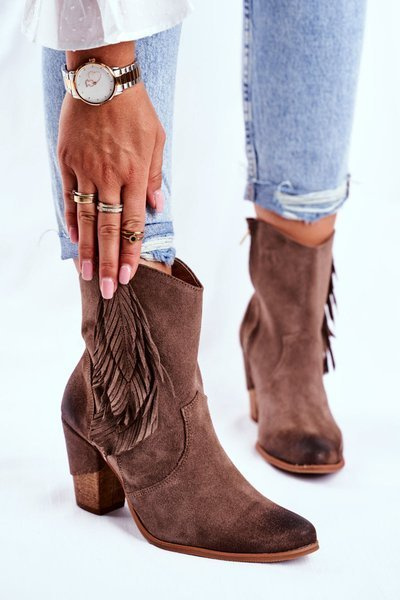 Damskie Botki Na Słupku Cappuccino Skórzane Quintana