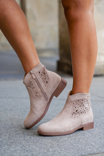 Ażurowe Botki Damskie Na Płaskim Obcasie S.Barski HY51-113 Beżowe