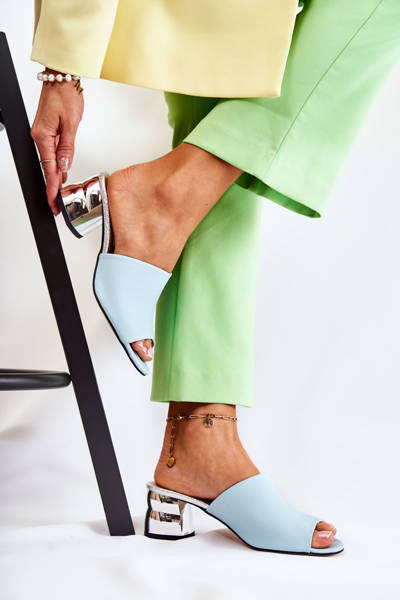 Skórzane Klapki Damskie Na Obcasie Niebieskie Perry