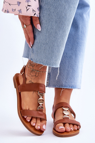 Damskie Płaskie Sandały Z Ozdobnym Paskiem Brązowe Berry