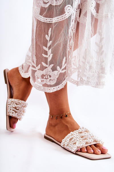 Damskie Klasyczne Klapki Z Perłami Beżowe Calipso