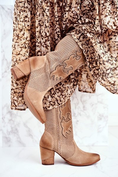 Damskie Botki Na Słupku Beżowe Skórzane Wysokie Rosemary