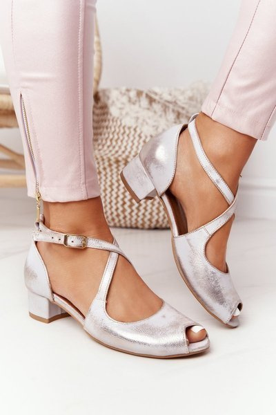 Skórzane Sandały Na Obcasie Maciejka 04509-45 Beżowo-Złote