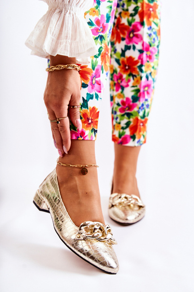 Skórzane Lakierowane Wężowe Czółenka Złote Elissabeth