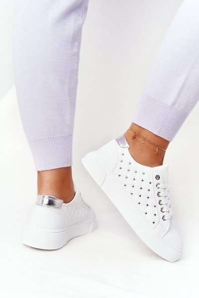 Damskie Tenisówki Z Pikowaniem Biało-Srebrne Fondness