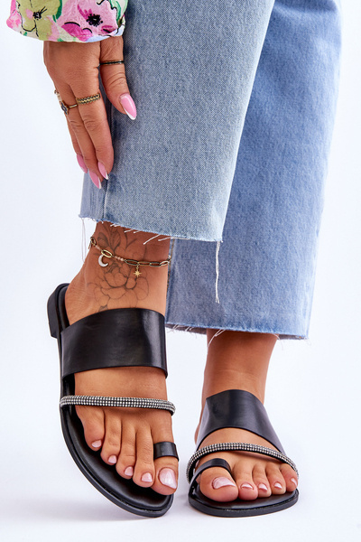 Damskie Klapki Japonki Z Ozdobnym Paskiem Czarne Sublime