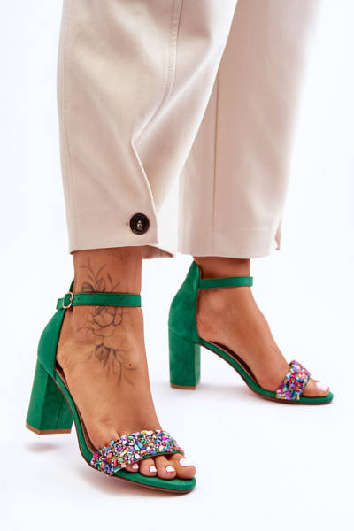 Modne Sandały Na Obcasie Z Ozdobnymi Kamieniami Zielone Love Me