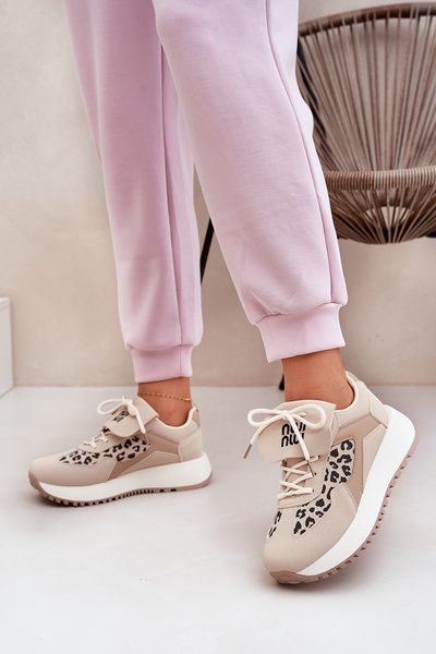 Buty Sportowe Sneakersy Damskie Na Platformie Panterka Beżowe Pumbes