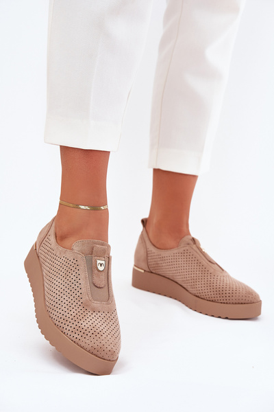 Półbuty Damskie Na Platformie Z Eko Zamszu Ciemnobeżowe Aviara