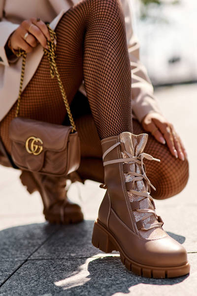 Skórzane Botki Damskie Z Wiązaniem Beżowe Doreli