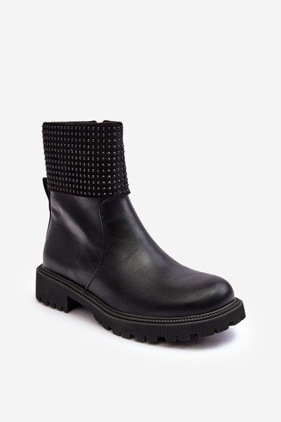 Damskie Botki Na Płaskim Obcasie Ze Zdobieniem Czarne Zanidite