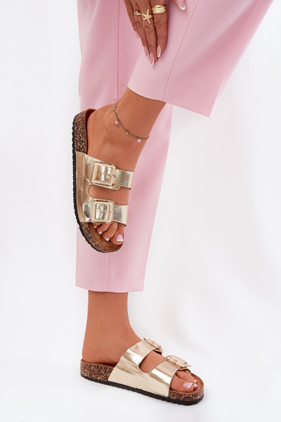 Klapki Damskie Z Klamrami Na Korkowej Podeszwie Złote Sercele