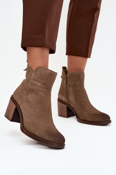 Botki Damskie Z Naturalnego Zamsz Na Słupku Ocieplane Sergio Leone BT25321-S Khaki