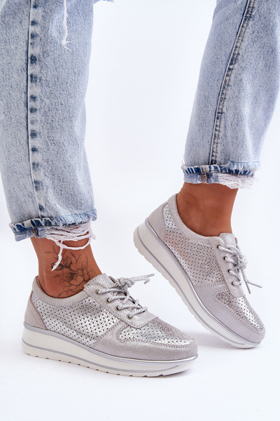 Skórzane Buty Sportowe Z Perforacją S.Barski AL22246 Srebrne