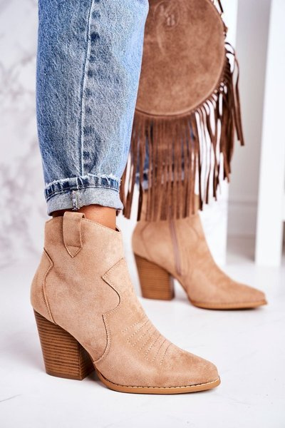 Damskie Kowbojskie Ocieplane Botki Na Słupku Beżowe Margaret