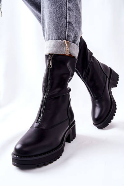 Skórzane Botki Na Obcasie Czarne Challonte