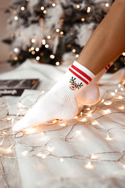 Skarpetki Świąteczne Renifer Prążek Z Paskami Białe