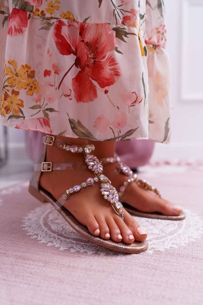 Sandały Damskie Płaskie Z Cyrkoniami Champagne Karra