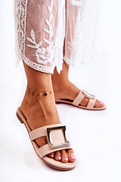 Damskie Skórzane Klapki Z Ozdobą Nude Roysa