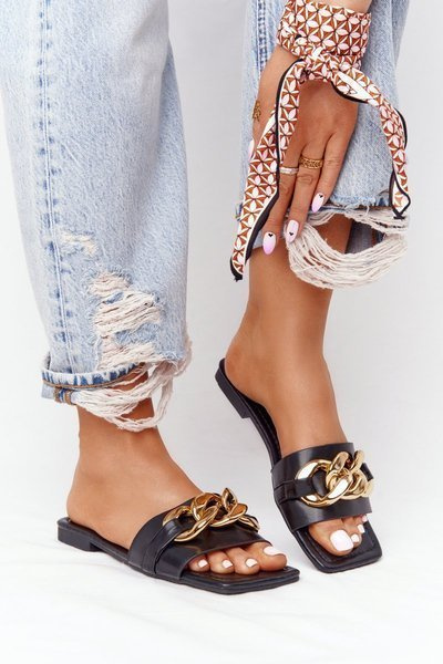 Skórzane Klapki Z Łańcuchem Czarne French Kiss