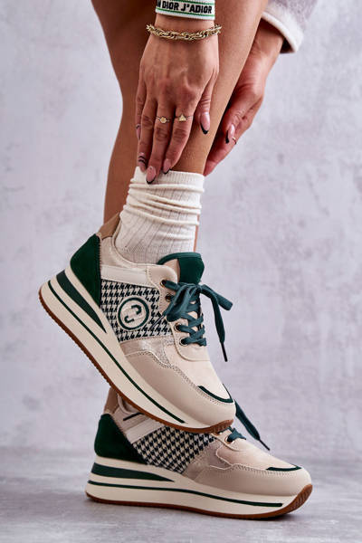 Modne Buty Sportowe Damskie Na Koturnie Beżowo-Zielone Aronne