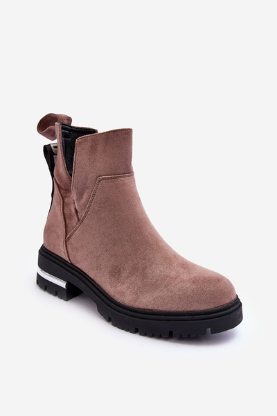 Zamszowe Botki Na Płaskim Obcasie Z Wycięciami Ciemnobeżowe Lamedella
