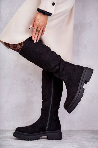 Damskie Ocieplane Kozaki Do Kolana Czarne Helma