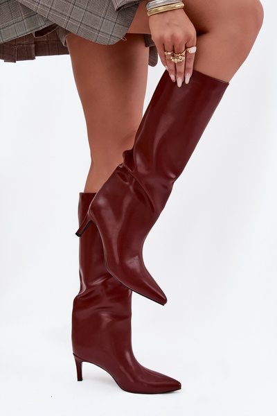 Kozaki Damskie Wsuwane Ocieplane Na Szpilce Bordowe Olivienne