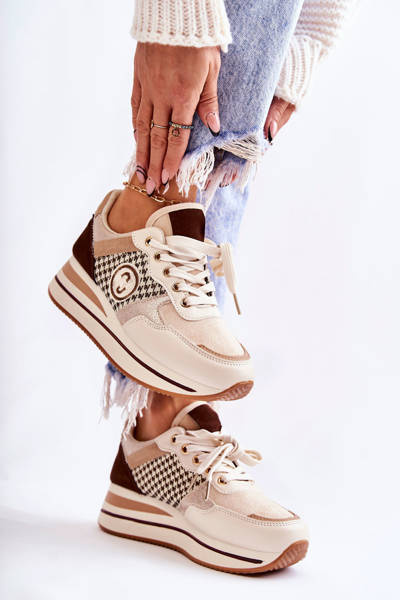 Modne Buty Sportowe Damskie Na Koturnie Beżowo-Brązowe Aronne