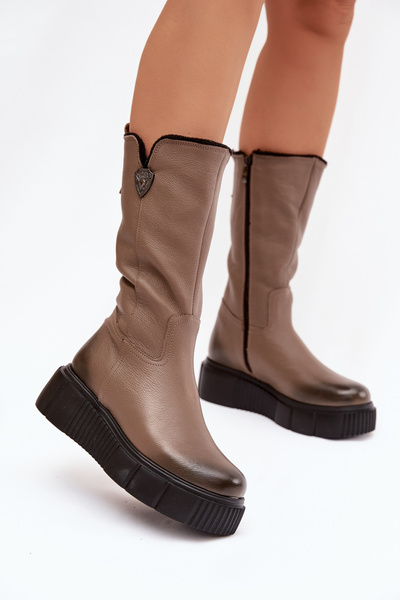 Zazoo 70121 Skórzane Damskie Kozaki Z Wełną Ciemnobeżowe