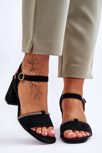 Damskie Zamszowe Sandały Na Niskim Słupku Czarne Loredo