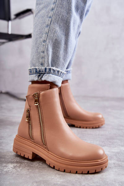 Damskie Skórzane Botki Na Suwak Beżowe Navarra