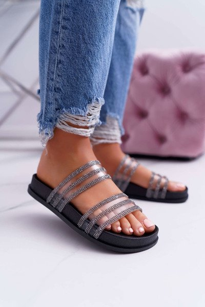 Damskie Klapki Z Cyrkoniami Czarne Larena