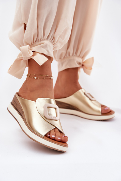 Klapki Damskie Skórzane Na Koturnie Artiker 56C2146 Złote