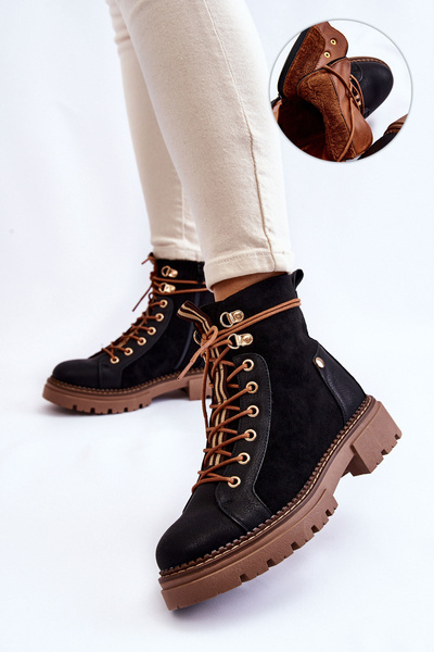 Zamszowe Ocieplane Botki Trapery Czarne Alette