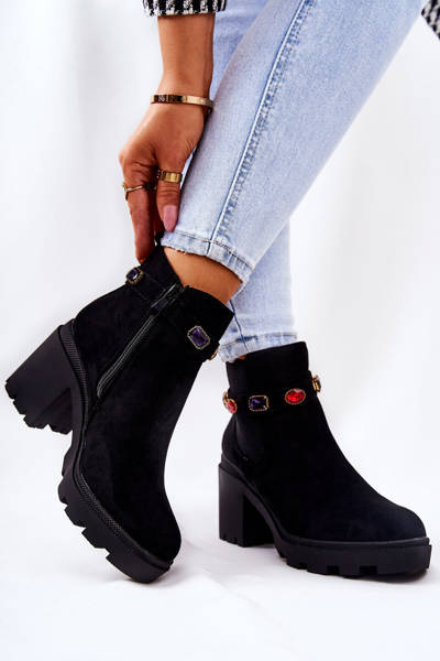 Botki Damskie Na Słupku z Kryształami Czarne Makbet