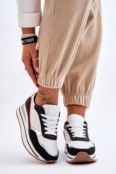 Damskie Buty Sportowe Na Koturnie I Platformie Biało-Czarne Allen