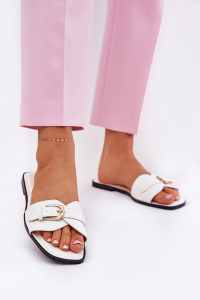 Płaskie Klapki Damskie Ze Złotą Klamrą Białe Esiobb