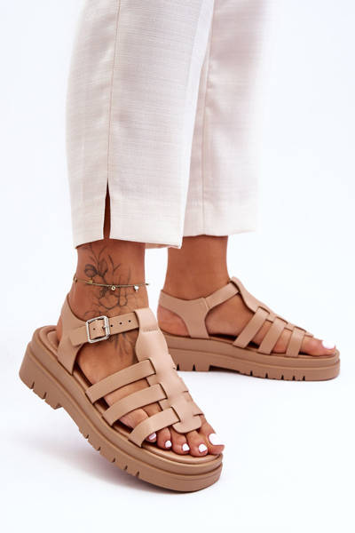Skórzane Płaskie Sandały Z Paseczkami Beżowe Diosa