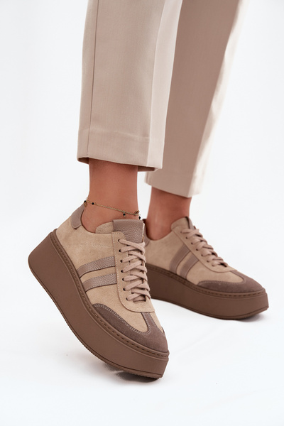Skórzane Zamszowe Sneakersy Damskie Na Platformie Zazoo 3775 Beżowe
