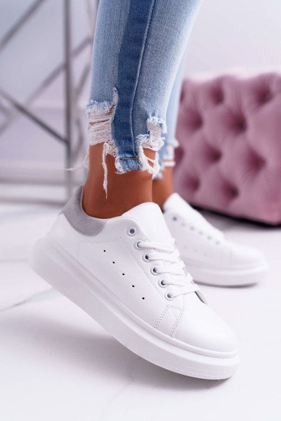 Sportowe Damskie Buty Gruba Podeszwa Białe Szare Skirt