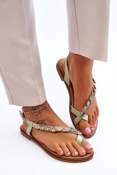 Damskie Sandały Z Ozdobami Na Pasku Zielone Alamis