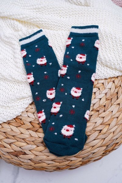 Damskie Skarpetki Świąteczne Antypoślizgowe Zielone Z Mikołajem