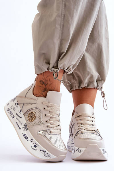 Damskie Skórzane Sneakersy Na Masywnej Platformie Beżowe Asturia