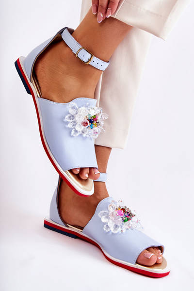 Damskie Skórzane Sandałki Z Ozdobą Niebieskie Nevassa