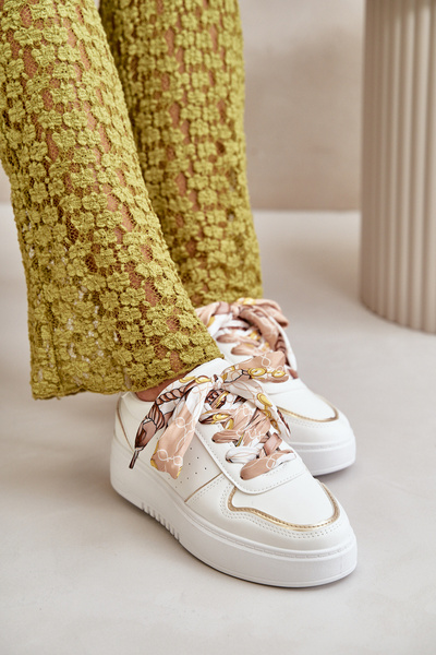 Sneakersy Damskie Na Platformie Z Ozdobnym Sznurowaniem Białe Mistra