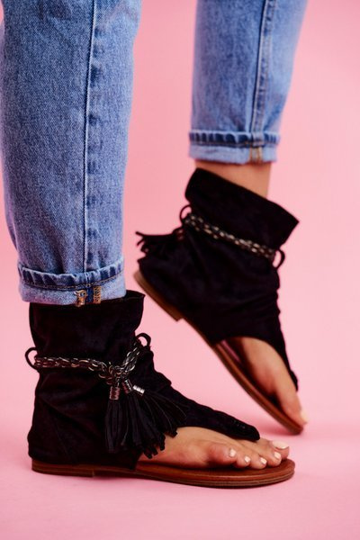 Damskie Sandałki Japonki Z Cholewką Czarne SL1011 Madrit