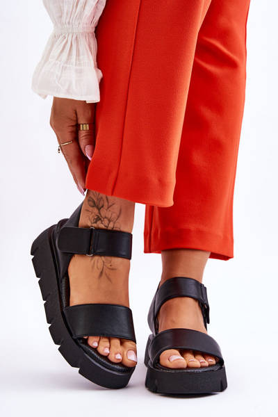 Damskie Skórzane Sandały Na Platformie Czarne Katte