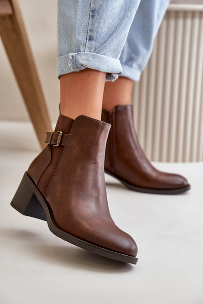 Botki Damskie Ocieplane Na Słupku Z Klamrą Brązowe Nevillira